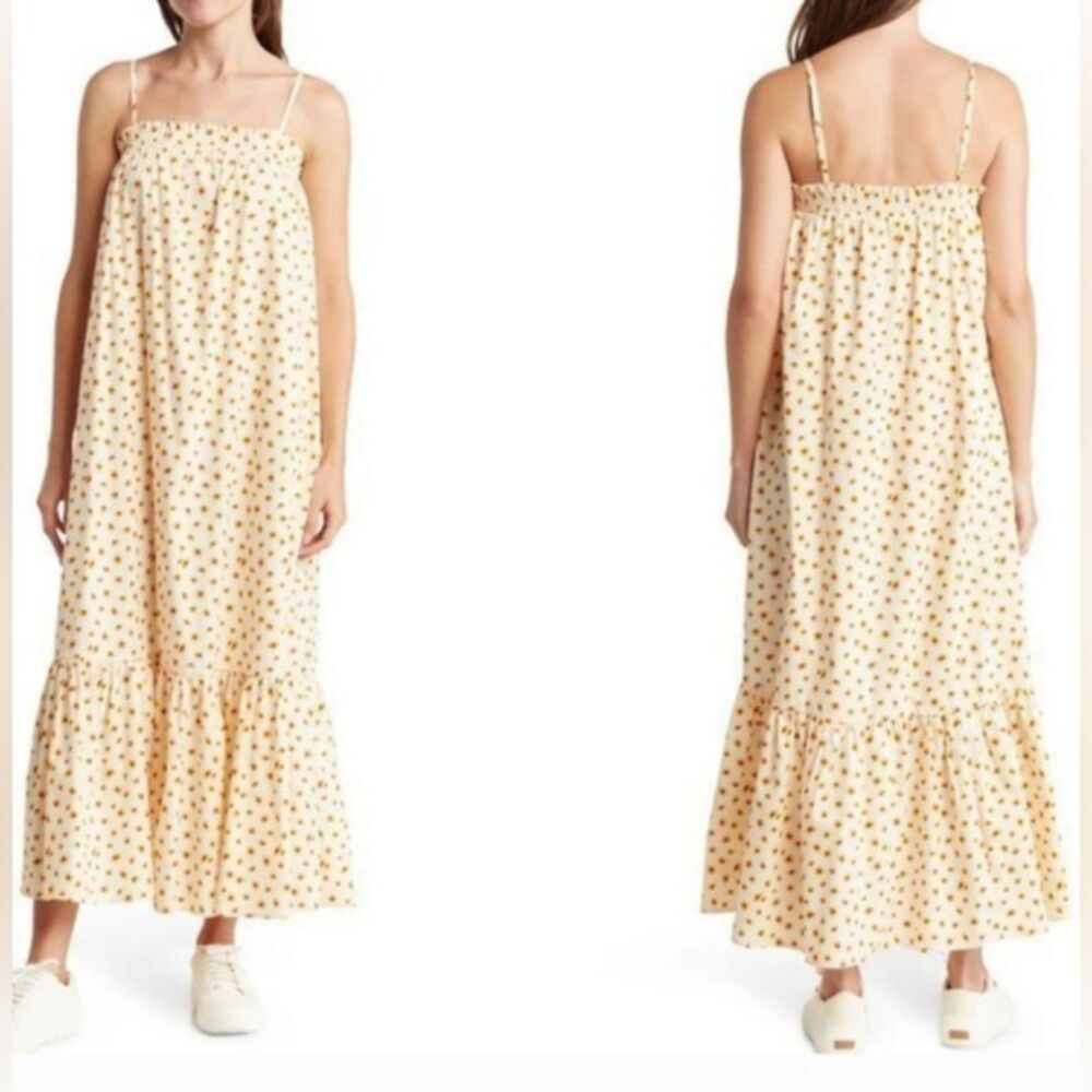 WEWOREWHAT Yellow Ditzy Floral Daisy Sunflower Smocked Cottage Midi Dress Small